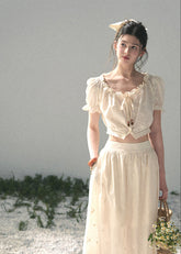 aomalm set, cotton two piece set, ivory skirt set, korean fashion set, puff sleeve top set, long skirt set women, romantic summer outfit, feminine korean outfit, vacation outfit women, cotton summer co ord, soft girl summer set, garden style outfit