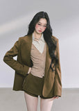 korean blazer shorts set, french british suit set women, autumn two piece blazer set, korean streetwear suit outfit, chic brown suit women, office style korean fashion, pleated culotte suit set, hepburn style blazer outfit, elegant two piece set women, seoul fashion brown suit, vintage french blazer look, korean professional outfit women, brown jacket mini skirt set, modern chic korean suit, high end autumn fashion set