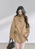 french trench jacket, korean short trench coat, autumn outerwear women, seoul street style jacket, belted loose fit coat, stand collar windbreaker, hepurn fashion jacket, elegant french outerwear, korean fashion 2025, minimalist city coat, oversized chic jacket, trendy korean outfit, casual luxury jacket, nom alm style, korean modern trench