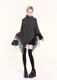 VOCK, y2k fashion, Korean style sweater, fringe cape sweater, knit shawl top, high neck poncho, asymmetric sweater, gothic knitwear, winter kawaii fashion, edgy streetwear top, Korean winter outfit, aesthetic dark fashion, high collar knit, poncho sweater women, irregular hem sweater, trendy winter tops women, Seoul fashion knit