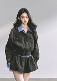 korean cargo skirt set women, hepburn style two piece set, korean fashion autumn suit, utility jacket mini skirt outfit, seoul street style set, french inspired outfit women, chic korean jacket skirt, black cargo jacket women, korean preppy style outfit, modern elegant korean fashion, hepburn mini skirt set, high end autumn women set, korean two piece skirt set, cargo chic streetwear women, korean hot girl outfit fall
