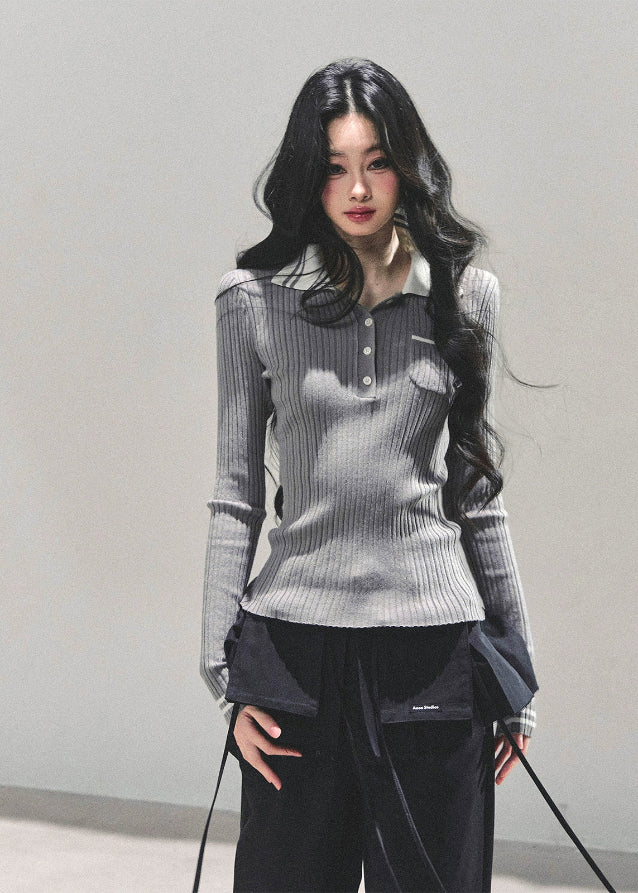 polo knit top women, ribbed long sleeve polo, slim fit knitted t-shirt, autumn winter polo top, american style knit tee, contrast collar knit top, wendy letter knit, fw25 ribbed top, preppy polo shirt women, korean slim knitwear