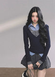 layered polo knit top, fake three piece top women, plaid knit polo shirt, korean prep style top, autumn slim knit shirt, smart girl aesthetic top, layered preppy blouse, navy knit plaid shirt, korean fashion polo knit, college style layered top, cute school girl top, preppy chic knitwear, long sleeve layered t-shirt women, elegant academic top, triple layer knit shirt