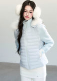 Fragileheart down jacket, fur collar puffer, luxury Korean fashion, winter short coat, quiet luxury outerwear, pastel blue jacket, hooded down coat, K-fashion 2025, elegant winter outfit, soft feminine outerwear, pastel noir aesthetic, warm winter style, sky blue puffer, modern luxury womenswear
