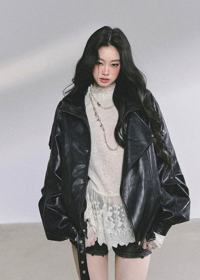 PU leather jacket, oversized moto jacket, black faux leather coat, Korean streetwear jacket, biker style jacket women, edgy autumn jacket, moto blouson top, trendy PU outerwear, hot girl street style, loose fit leather jacket, cool girl aesthetic jacket, Korean American fashion, fall leather jacket women, stylish biker coat, oversized motorcycle jacket
