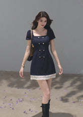 Navy square-neck mini dress with layered white lace trim