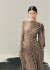 AOMALM long dress, French cool style dress, draped winter dress women, slimming long skirt dress, hip hugging maxi dress, ruched long dress women, elegant winter dress, Korean aesthetic dress, feminine draped dress, modern French style dress, body contour dress women, winter long sleeve dress, minimalist elegant dress