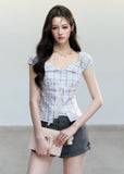 fragileheart top, blue plaid top, korean plaid blouse, academy style top, lace patchwork top, feminine summer top, tie front plaid top, cotton plaid blouse, korean fashion top, slim fit summer blouse, cute plaid top, preppy korean top