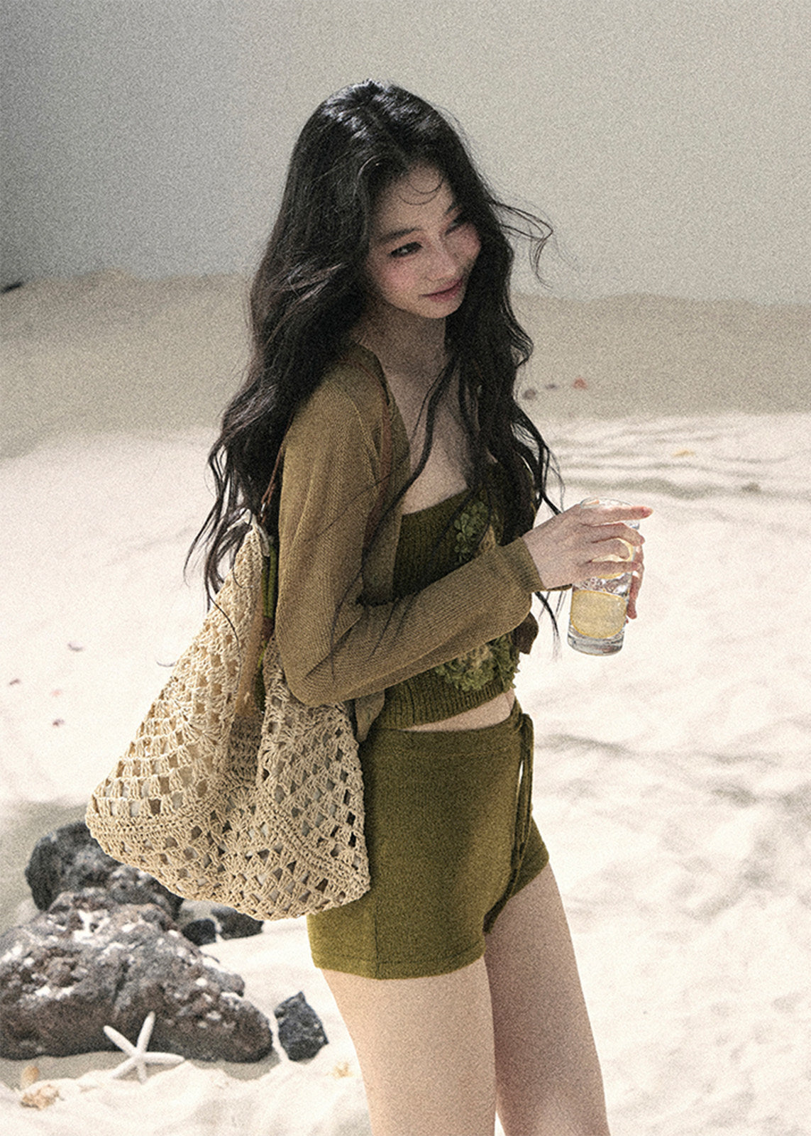 aomalm set, three piece set women, floral bandeau set, korean summer set, olive green co ord, french feminine outfit, 3d floral top, cardigan and shorts set, resort outfit women, romantic summer set, knit shorts set, feminine korean fashion
