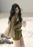 aomalm set, three piece set women, floral bandeau set, korean summer set, olive green co ord, french feminine outfit, 3d floral top, cardigan and shorts set, resort outfit women, romantic summer set, knit shorts set, feminine korean fashion