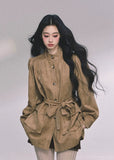 suede jacket women, belted suede coat, stand collar suede top, fall winter suede blazer, korean fashion outerwear, french style jacket, mocha brown jacket, loose suede coat women, trendy suede outfit, soft suede blazer, autumn winter fashion women, korean american street style, chic brown coat women