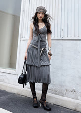 jnylon two piece set, gray knit set, korean fashion set, tie front top set, balloon skirt set, pleated skirt set, stylish korean outfit, summer knit set, vintage korean fashion, relaxed skirt set, urban summer outfit, korean street fashion