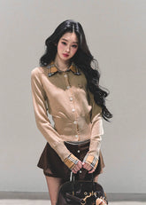 soft memoir knit blouse, korean knit top, feminine knit shirt, layered collar knit, plaid collar blouse, autumn winter knitwear, slim fit knit top, AOMALM top, korean fashion 2025, girly knit blouse, two tone knitwear, elegant knit long sleeve