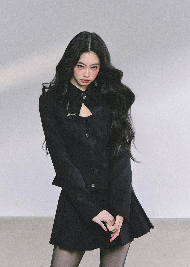 korean pleated skirt set women, korean suit skirt two piece, french style black skirt outfit, seoul chic tailored suit set, korean luxury blazer skirt set, korean elegant black suit outfit, hot girl pleated skirt fashion, modern korean business casual, korean preppy skirt set, french minimalist two piece women, seoul fashion autumn outfit, korean feminine formalwear, black two piece set women, kfashion black pleated skirt, elegant korean office outfit