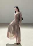 Draped taupe top and maxi skirt two-piece set