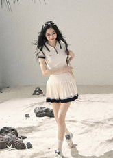 Preppy Knit Polo Top & Pleated Skirt Set