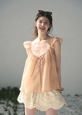 aomalm top, peach camisole top, flutter sleeve top, feminine korean top, layered summer top, two piece blouse women, acetate cotton top, tencel camisole, romantic summer blouse, korean fashion top, soft peach blouse, vacation outfit women, pretty summer top