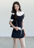 fragileheart top, korean collegiate top, faux two piece shirt, tie waist shirt top, preppy korean fashion, layered knit shirt, feminine campus top, korean preppy blouse, slim collar top, cute korean outfit, campus style shirt, soft girl fashion top