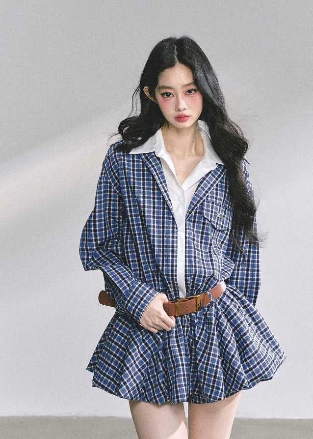 korean plaid dress, two piece set women, korean preppy outfit, hepburn style dress, autumn mini skirt set, belted plaid outfit women, seoul fashion 2025, korean chic preppy look, vintage school girl outfit, trendy korean clothing, blue check dress, elegant french plaid outfit, waist slimming short dress, korean matching set women, nom alm fashion