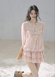 Blush pink lace blouse and ruffle mini skirt two-piece set