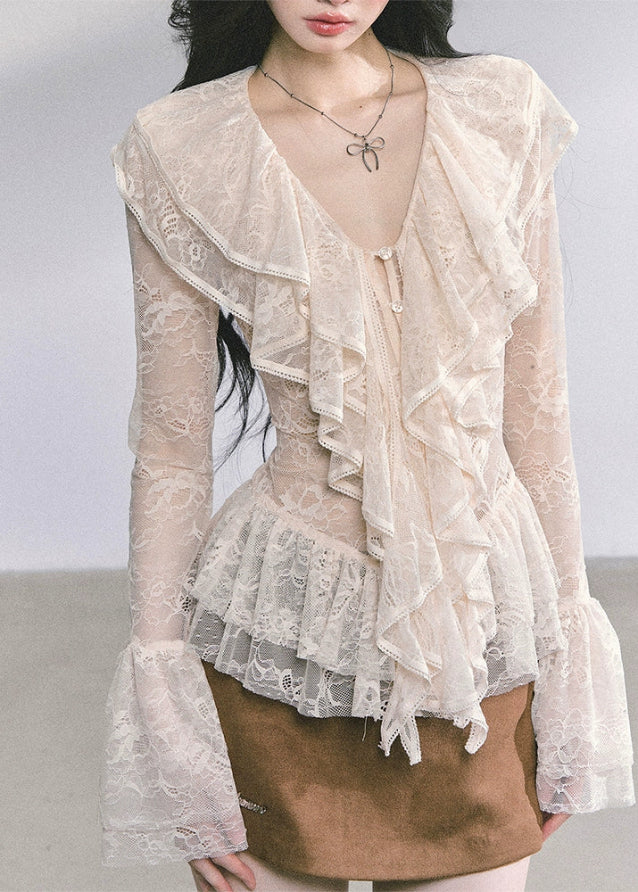 lace ruffle blouse, sheer lace long sleeve top, pure desire korean top, french romantic ruffle shirt, autumn lace blouse women, sexy cut out lace top, korean american fashion top, cream lace frill top, elegant lace t-shirt, soft girly lace outfit