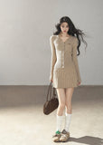 Beige ribbed knit cardigan and pleated mini skirt two-piece set