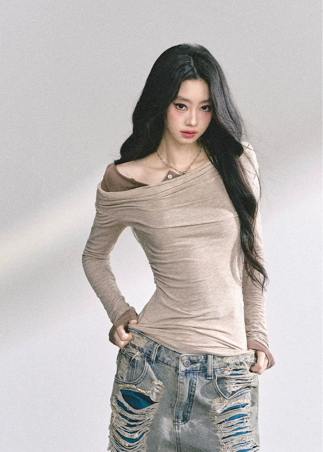 korean off shoulder top, korean fake two piece long sleeve, korean street fashion top women, seoul hot girl outfit, slim waist long sleeve top, korean fall fashion blouse, off shoulder wrap knit top, kfashion minimalist street top, korean aesthetic long sleeve shirt, trendy korean fall outfit, modern korean off shoulder design, slim fit off shoulder top women, layered illusion fashion top, korean street chic fashion, seoul inspired minimalist blouse