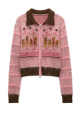 pink pony knit cardigan, cute zip sweater women, pony embroidered knit top, kawaii y2k pink sweater, slim fit pastel knit cardigan, amusement park pony jacket, cute core knitwear women 2025, korean pink cardigan outfit, nowa tokyo kawaii fashion