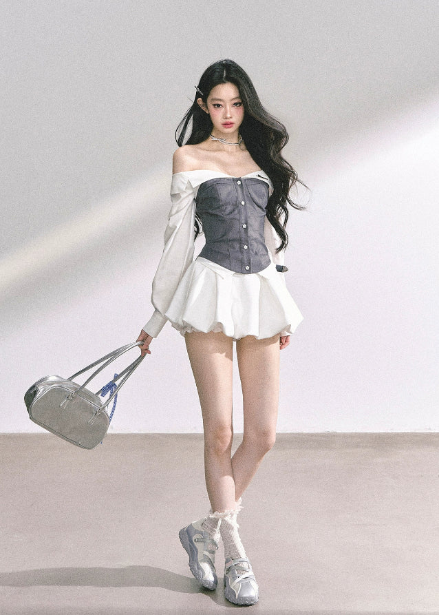 off shoulder corset top, fake two piece top, women’s bustier shirt, korean off shoulder blouse, korean american fashion top, summer corset blouse, slimming waist top, plaid corset shirt, girl group style top, kpop inspired top, trendy streetwear women, off shoulder long sleeve top, sculpted waist blouse, sexy summer top women, stylish two tone top