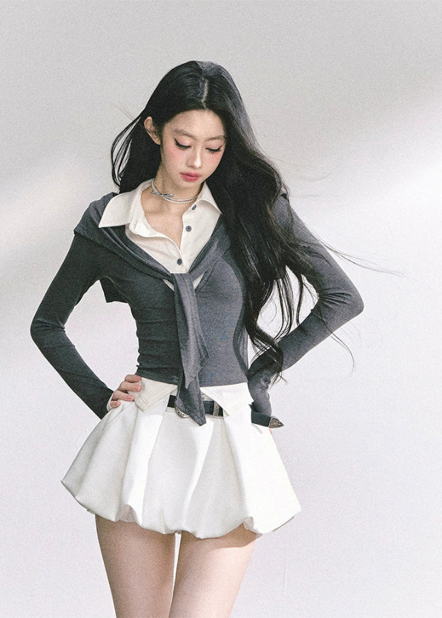 korean fake two piece top, korean long sleeve polo shirt women, seoul fashion streetwear top, korean aesthetic preppy top, slim fit layered polo shirt, british inspired korean fashion, hot girl slim waist top, korean fall fashion long sleeve, polo collar slim top women, korean art student outfit, elegant french style layered top, korean modern street chic top, layered illusion knit top, korean preppy fashion blouse, kfashion trendy two piece top
