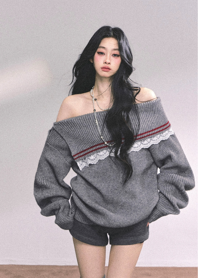 off shoulder knit sweater women, preppy lace sweater, british style grey knit, slanted shoulder knit top, loose winter pullover, fw25 preppy knit, lace inset sweater, american preppy sweater women, gray off shoulder top