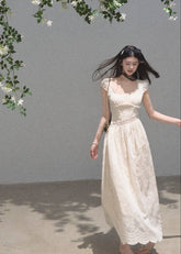 Cream lace waist maxi dress with cap sleeves