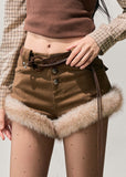 AOMALM winter shorts, plush shorts women, faux fur trim shorts, Korean winter fashion, high waist winter shorts, feminine winter outfit, soft girl Korean style, cozy mini shorts, autumn winter shorts women, plush warm shorts, Korean aesthetic clothing, winter shorts with tights, cute winter bottoms, soft feminine fashion, trendy winter shorts, Korean boutique style