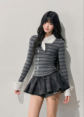 AOMALM knit top, korean striped top, fake two piece knit, layered stripe long sleeve, feminine korean style top, slim fit knit tee, autumn winter knitwear, soft girl fashion top, striped long sleeve women, korean aesthetic clothing, elegant casual knit, ribbon collar knit top, winter layering top women, slim korean top, soft feminine outfit, trendy korean knitwear