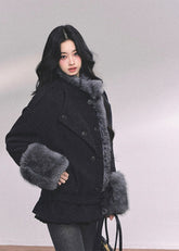 fur trim winter coat women, french luxury padded jacket, plush warm cotton coat, black winter fur jacket, fw25 warm outerwear, double breasted plush coat, korean winter padded jacket women, elegant fur trim jacket, late autumn warm coat