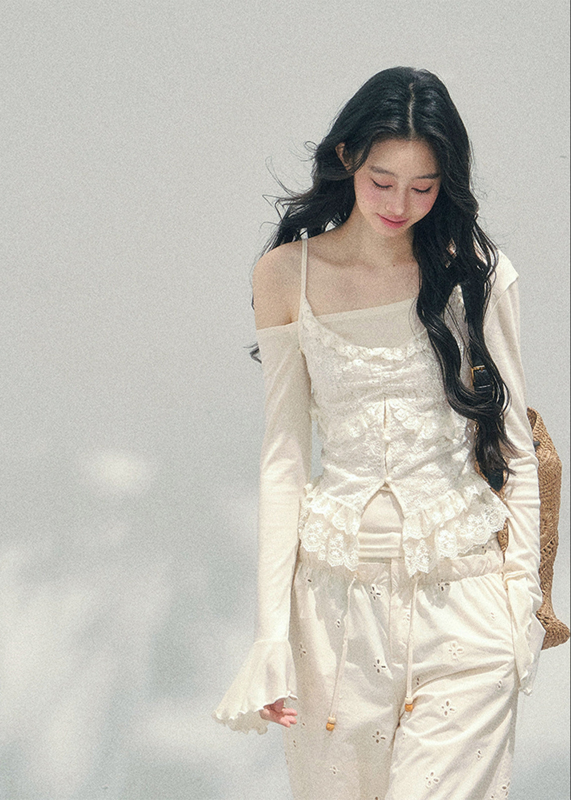 AOMALM lace layered top, French romantic off shoulder blouse, feminine lace spring knit, Korean elegant lace top women, quiet luxury romantic outfit, Parisian inspired lace knitwear, delicate layered lace blouse, romantic Korean French aesthetic clothing, sheer lace feminine top, elegant spring off shoulder knit, soft luxury womenswear blouse, refined feminine layered top, waist flattering lace knitwear, romantic spring fashion women, lightweight lace top long sleeve