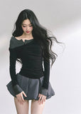 korean off shoulder top, korean fake two piece long sleeve, korean street fashion top women, seoul hot girl outfit, slim waist long sleeve top, korean fall fashion blouse, off shoulder wrap knit top, kfashion minimalist street top, korean aesthetic long sleeve shirt, trendy korean fall outfit, modern korean off shoulder design, slim fit off shoulder top women, layered illusion fashion top, korean street chic fashion, seoul inspired minimalist blouse