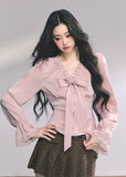 french bow blouse women, striped lace shirt, pink ribbon top slim fit, autumn long sleeve blouse, high end french shirt women, fw25 lace bow blouse, satin bow top women, slim striped blouse, romantic lace ruffle shirt