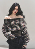 off shoulder plaid top, one shoulder shirt women, american plaid crop top, winter plaid long sleeve, slim fit check top, grunge plaid shirt women, fw25 plaid fashion, off shoulder winter blouse, rustic plaid crop top
