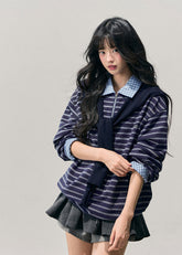 fake two top, layered polo knit, striped long sleeve top, AOMALM top, Korean fashion knit, winter striped polo, preppy layered shirt, women’s fake two sweater, soft knit pullover, autumn winter tops, Korean aesthetic outfit, American striped tee, polo collar knit, layered look sweater, casual winter knit top, streetwear Korean top, feminine preppy clothing, blue striped knit, layered illusion top