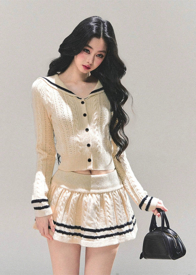preppy knit set women, winter cardigan skirt set, cable knit two piece outfit, ivory knitted suit, soft girl winter set, preppy mini skirt outfit, fw25 knit twinset, korean winter fashion two piece, warm knit skirt set women