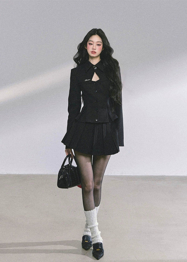 korean pleated skirt set women, korean suit skirt two piece, french style black skirt outfit, seoul chic tailored suit set, korean luxury blazer skirt set, korean elegant black suit outfit, hot girl pleated skirt fashion, modern korean business casual, korean preppy skirt set, french minimalist two piece women, seoul fashion autumn outfit, korean feminine formalwear, black two piece set women, kfashion black pleated skirt, elegant korean office outfit