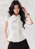 white denim shirt women, double breasted shirt women, doll collar blouse, french style summer shirt, short sleeve denim top, structured white top, chic summer outfit women, korean fashion blouse, modern casual shirt, elevated everyday top