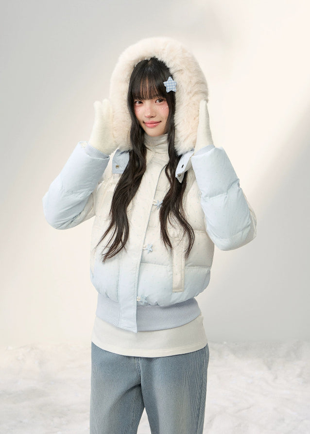 pastel gradient down jacket, star print puffer, fluffy fur collar coat, Korean girly winter wear, AW pastel outerwear, umoumo aesthetic down jacket, soft cloud blue puffer, cute winter hooded jacket, warm fluffy fur hood coat, dreamy pastel winter style, girly cozy down coat, star full-print jacket, Fragileheart soft aesthetic, sweet gradient puffer, warm winter kawaii jacket, Korean cute girl fashion, 90 white duck down jacket, fluffy big collar puffer