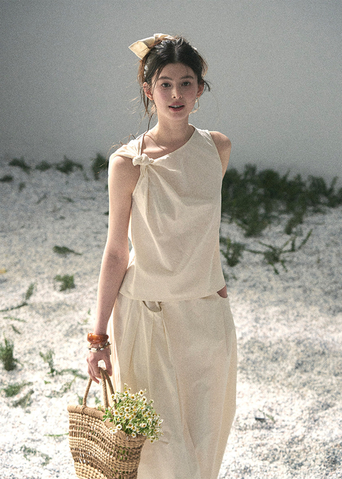 aomalm set, ivory two piece set, cotton linen skirt set, korean fashion set, sleeveless top and skirt set, feminine summer outfit, minimalist summer set, long skirt co ord, elegant summer set women, korean style two piece, vacation outfit women, soft ivory skirt set