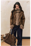 Retro coat brown slim fur splicing coat