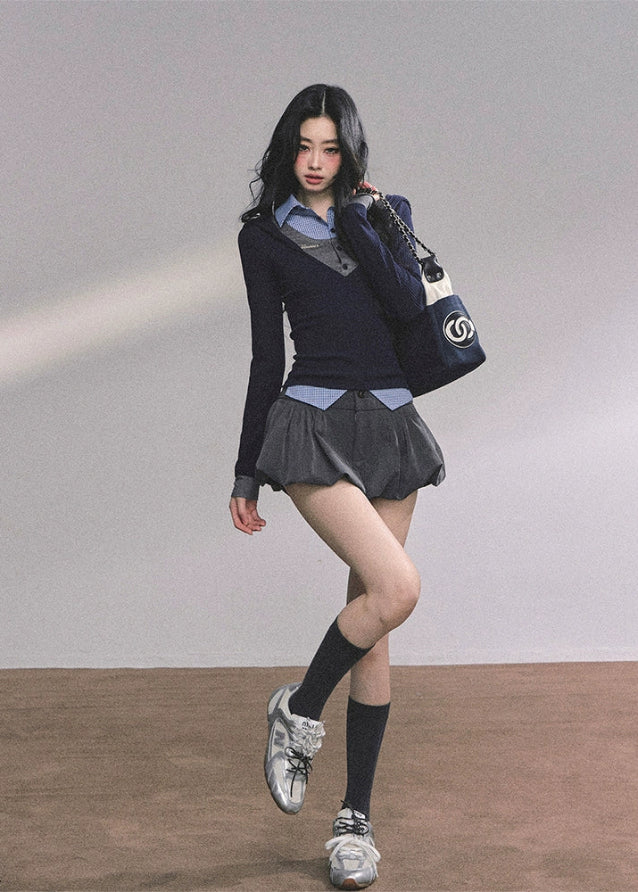 layered polo knit top, fake three piece top women, plaid knit polo shirt, korean prep style top, autumn slim knit shirt, smart girl aesthetic top, layered preppy blouse, navy knit plaid shirt, korean fashion polo knit, college style layered top, cute school girl top, preppy chic knitwear, long sleeve layered t-shirt women, elegant academic top, triple layer knit shirt