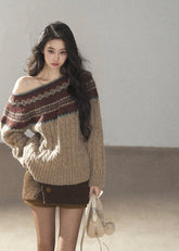 Beige Fair Isle off-shoulder cable knit sweater with multicolor jacquard pattern