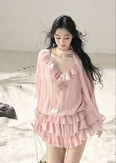 aomalm dress, ruffle mini dress, pink chiffon dress, feminine korean dress, romantic summer dress, layered mini dress, korean fashion dress, soft girl dress, vacation dress women, summer date outfit, blush ruffle dress, french romantic dress