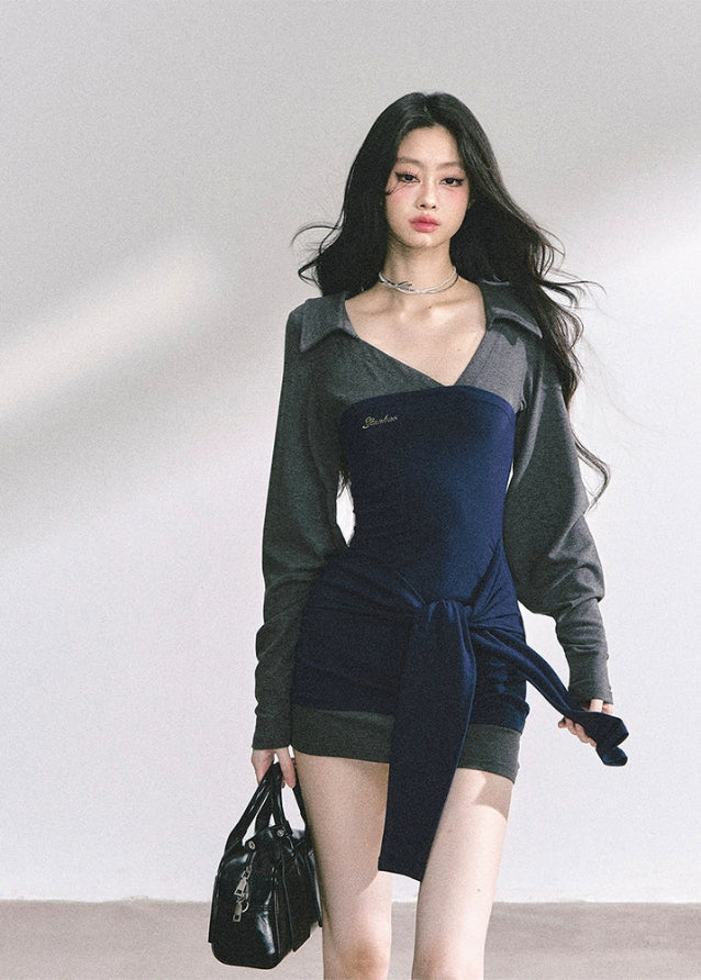 slim fit plaid sleeve dress, fake two piece dress women, Korean style mini dress, college girl plaid dress, trendy slim bodycon dress, autumn fashion mini dress, K-fashion plaid dress, American royal sister dress, check sleeve mini dress, waist tie bodycon dress, elegant plaid dress for women, sexy hip-hugging dress, summer slim plaid dress, girl group fashion dress, stylish campus dress for women